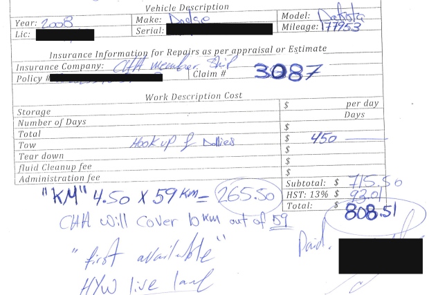 David Beeson's tow invoice