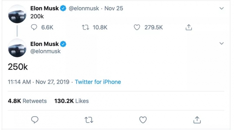 Musk 发推「炫耀」Cybertruck 的预定量达到 25 万台 | Twitter 截图